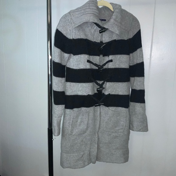 Gap Lambswool Black Gray Striped Long duster Sweater Sz M  toggle buttons - Picture 1 of 7